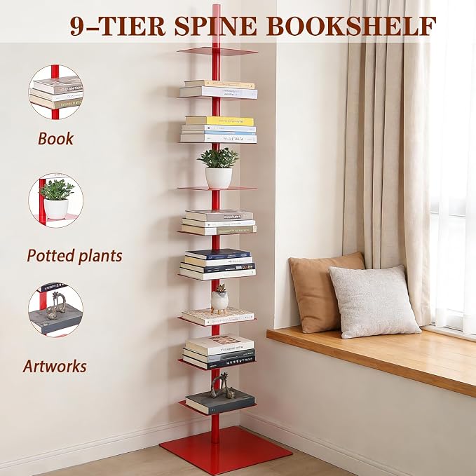 9 Tier Metal Spine Bookshelf Tower, Adjustable Vertical Tower - Image 4