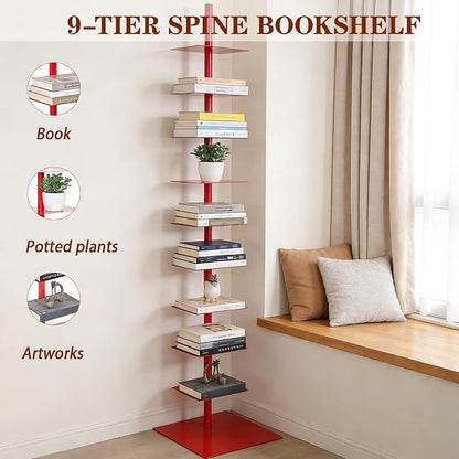 9 Tier Metal Spine Bookshelf Tower, Adjustable Vertical Tower - Image 4