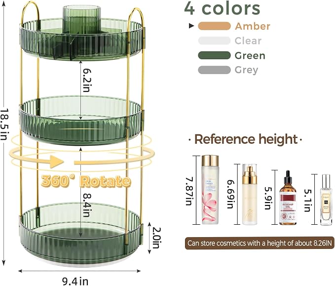 360° Rotating Makeup Organizer, Upgraded 3 Tier Skincare Perfume Organizers - Image 2