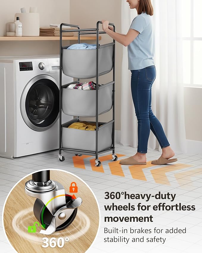 3 Section Laundry Sorter with Removable Bags, 120L Rolling Vertical Laundry - Image 5