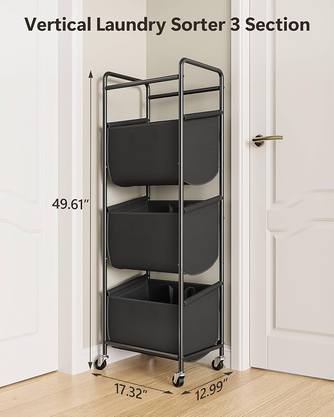 3 Section Laundry Sorter with Removable Bags, 120L Rolling Vertical Laundry - Image 8