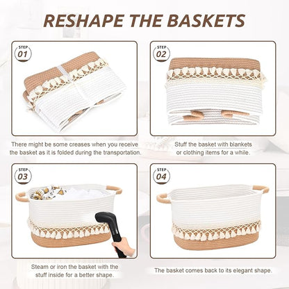 2 Pack Storage Basket for Shelves, Boho Cotton Rope Storage Bins - Image 5