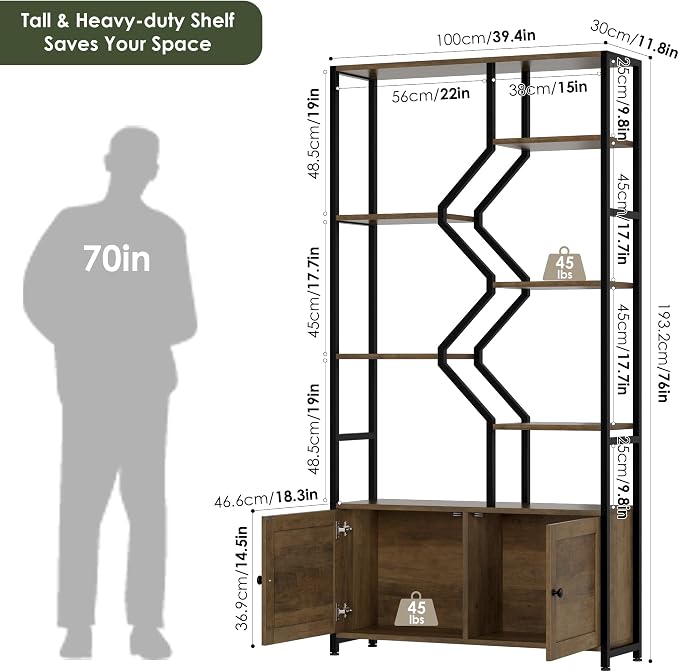 76" Tall Shelf with Storage Cabinet Doors, 6 Tier Open Bookshelf - Image 2