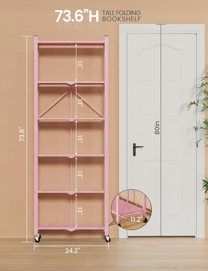 ALANNG 73.6 Inch Folding Bookshelf, 6 Tier Metal Bookcase and Bookshelves | - Image 3