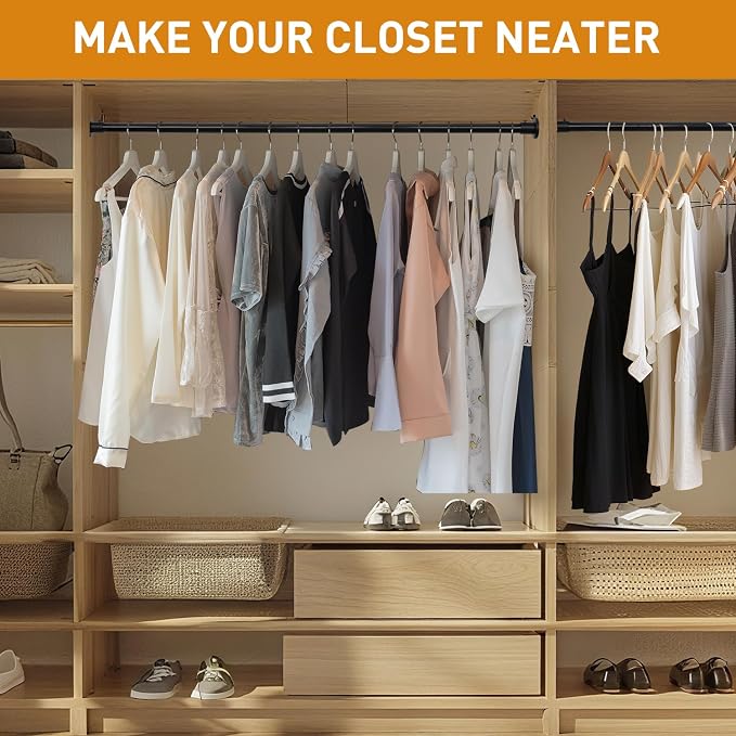 Black Adjustable Closet Rod 18-48 Inches, Heavy Duty Metal Clothes Hanging Rod - Image 2