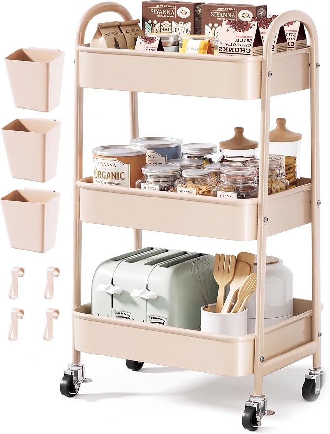 Beige 3 Tier Rolling Cart Metal on Wheels, Three Tiered Storage Organizer by Unknown