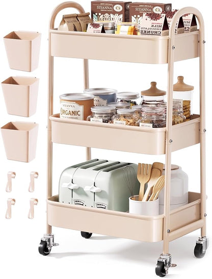 Beige 3 Tier Rolling Cart Metal on Wheels, Three Tiered Storage Organizer by Unknown