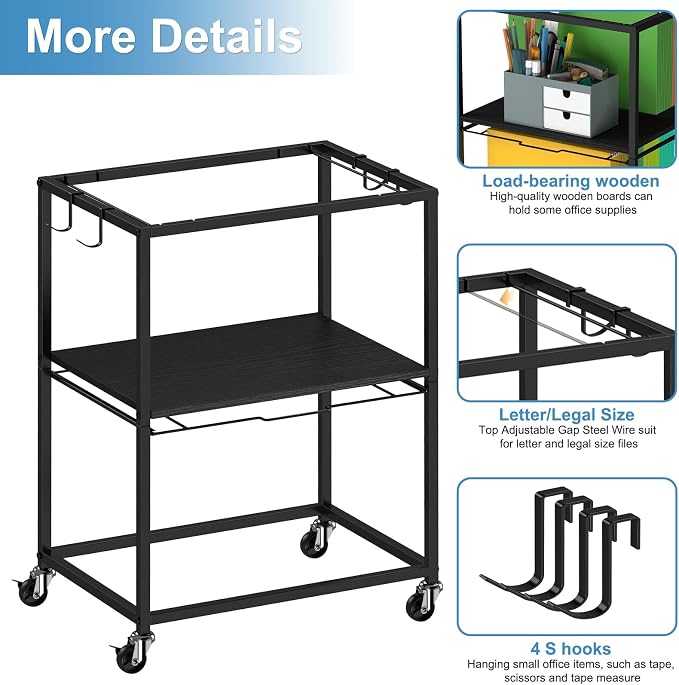 Sunexinlo Rolling File Cart for Letter/Legal Size 2-Tier, Hanging File Organizer - Image 7