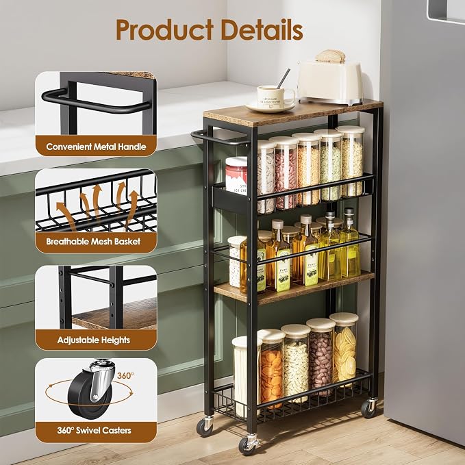Slim Rolling Storage Cart, 4 Tier Narrow Storage Cart, 7.1in | Metal Kitchen - Image 6