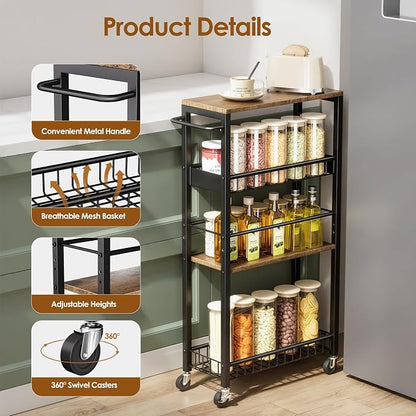 Slim Rolling Storage Cart, 4 Tier Narrow Storage Cart, 7.1in | Metal Kitchen - Image 6