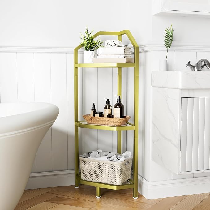 3-Tier Corner Shelf Stand, Bathroom Storage Rack Shelf, Plant Rack, Tempered - Image 2