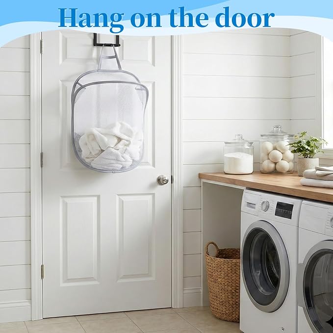 2 Pack Mesh Hanging Laundry Hamper, Small Foldable Wall Laundry Baskets - Image 6