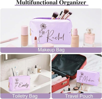 Personalized Makeup Bag with Name & Birth Flower, Custom Leather Cosmetic Bags - Image 4