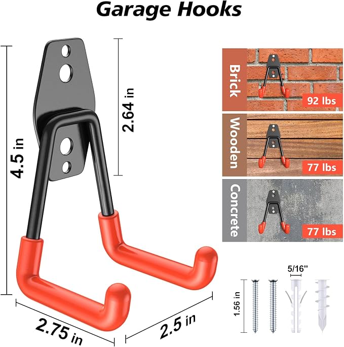 4 Pack Heavy Duty Garage Hooks, Solid Steel Wall Mount Hangers, - Image 2