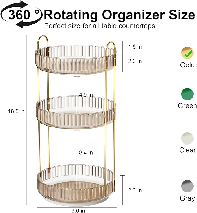 GTI 360°Rotating Makeup Organizer, 3 Tier Large Capacity Perfume Cosmetics - Image 3