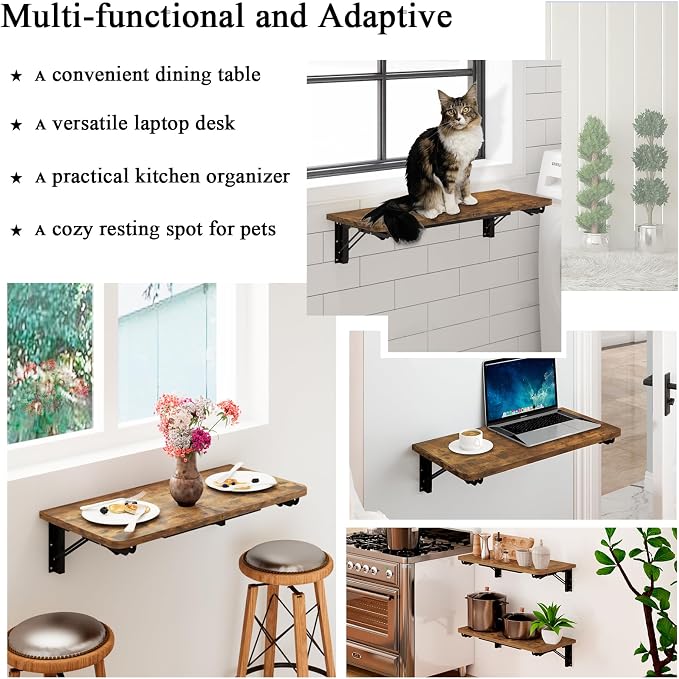 TEAMIX Wall Mounted Folding Table, Rustic Brown Floating Wall Desk - Image 6