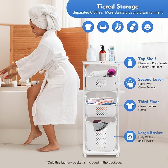 Laundry Basket with Wheels and Handle, Laundry Hamper 3 Section Rolling Laundry - Image 3