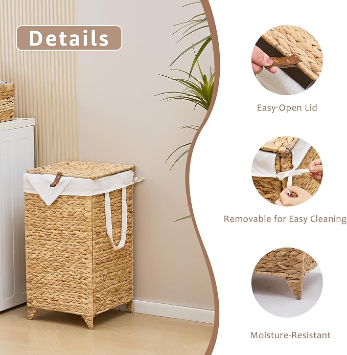 Laundry Hamper with Lid and Removable Liner Bag, Handwoven Natural Hyacinth - Image 7