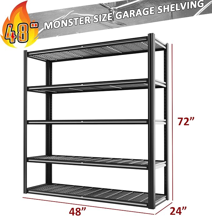 48" W x 72" H x 24" D Garage Shelving Heavy Duty, 5 Tier Adjustable Metal - Image 3