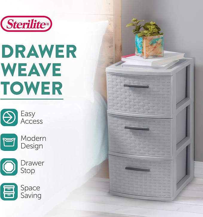 Sterilite 4 Pack 3 Drawer Storage Tower, Plastic Weave Medium Organizer - Image 3