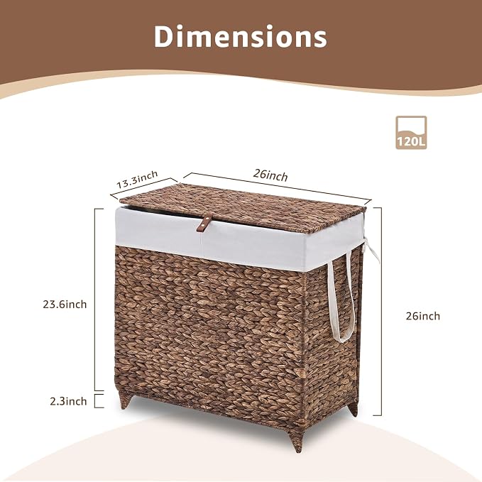 Laundry Hamper with Lid and Removable Liner Bag, Handwoven Natural Hyacinth - Image 2