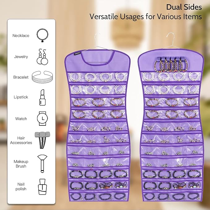 Hanging Jewelry Organizer Dual Sided 84 Clear Pockets and 6 Hook Loops Storage - Image 2