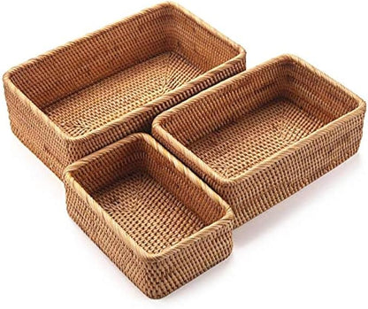 Natural Rattan Storage Baskets, Rectangular Woven Fruit Baskets, Decorative by YANGQIHOME