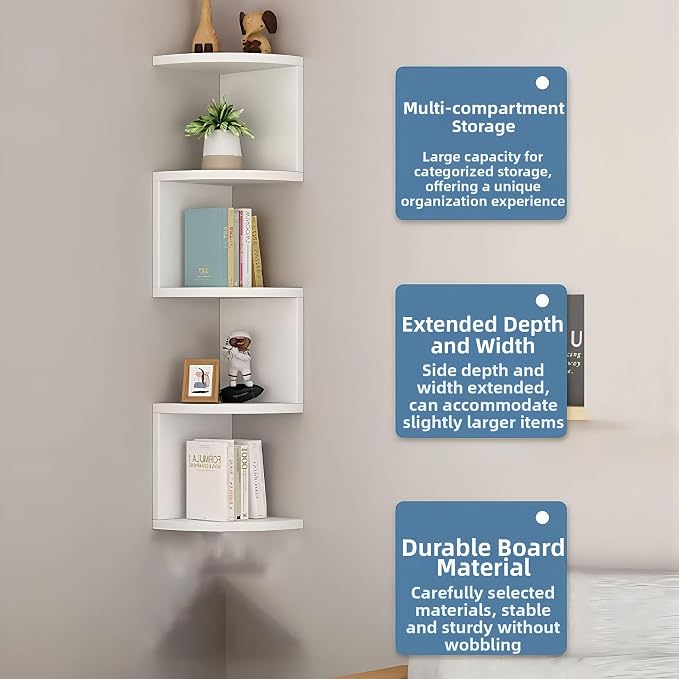 5-Tier Corner Shelf Wall Mount, Screw-Mounted Floating Bookshelf - Image 3