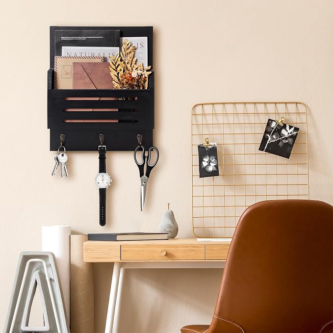 Key and Mail Holder Wall Mount, 2-Slot Wooden Mail Organizer | Decorative - Image 5