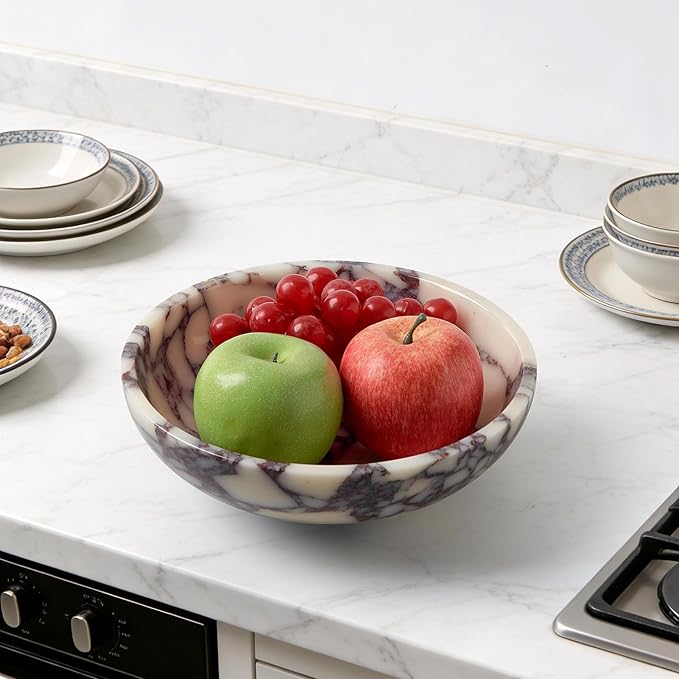Luxury Natural Marble Fruit Bowl – Extra Large 9-Inch Calacatta Viola Marble - Image 2