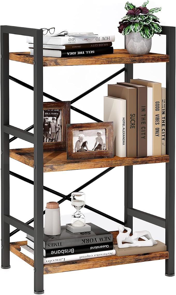 Homeiju Bookshelf, 3 Tier Industrial Bookcase, Metal Small Bookcase, Rustic - Image 9