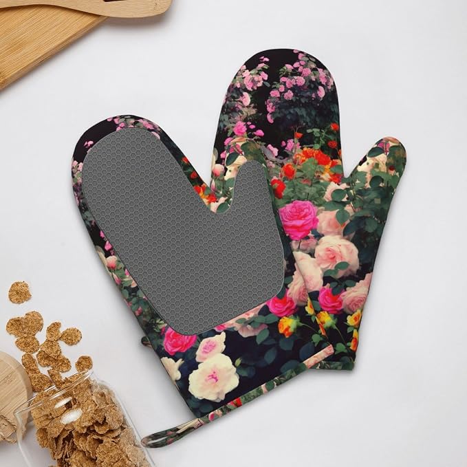 Roses Garden Print Oven Mitts Set of 2, Heat Resistant Silicone Oven Mittens - Image 9