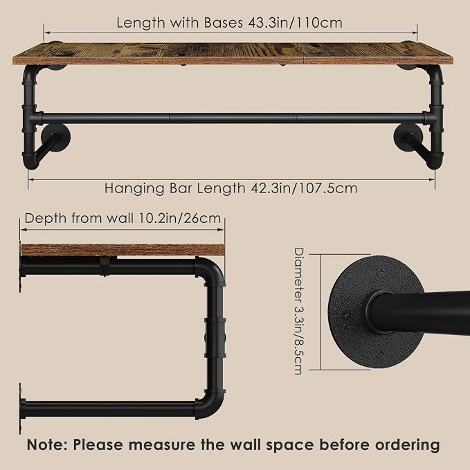 Clothes Rack with Top Shelf, 43.3in Industrial Pipe Wall Mounted Garment Rack - Image 2