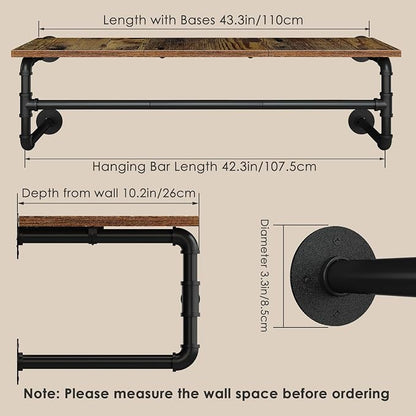 Clothes Rack with Top Shelf, 43.3in Industrial Pipe Wall Mounted Garment Rack - Image 2