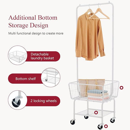 Tajsoon Laundry Cart with Hanging Rack, Metal Laundry Basket with Wheels - Image 3