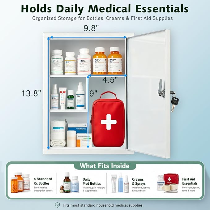 KYODOLED Wall Mount Locking Medicine Cabinet, Large Capacity First Aid Cabinet - Image 4