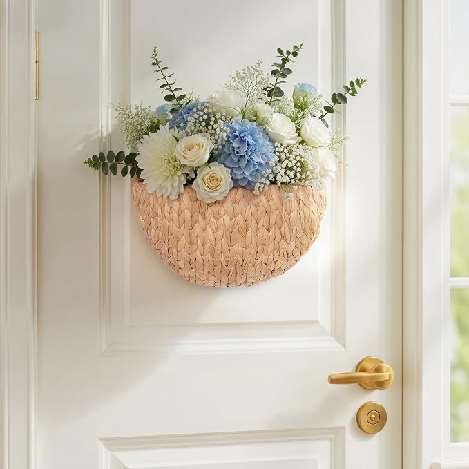 iEGrow Wicker Wall Basket, Scalloped Wall Basket Natural Water Hyacinth - Image 2