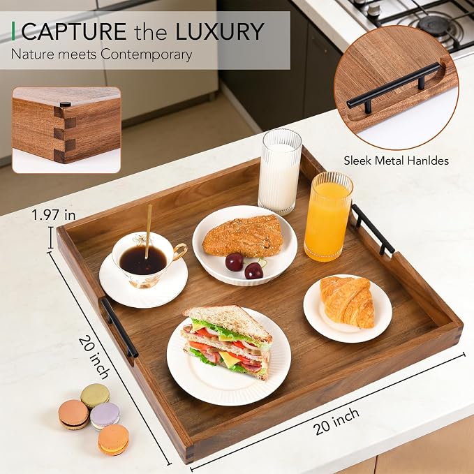 Joy&Grace Ottoman Tray for Living Room, Large Acacia Wooden Serving Tray - Image 2