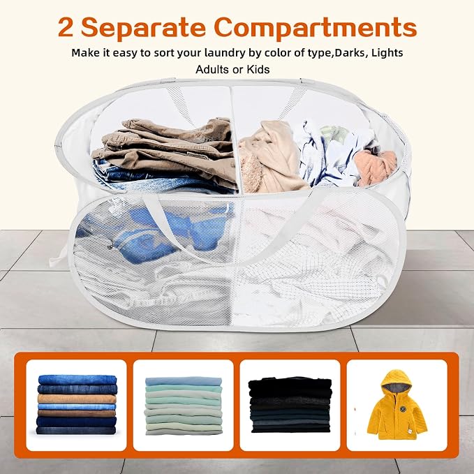 Durable Collapsible Foldable Mesh Pop Up Laundry Basket, 2 Compartments Easy to - Image 3