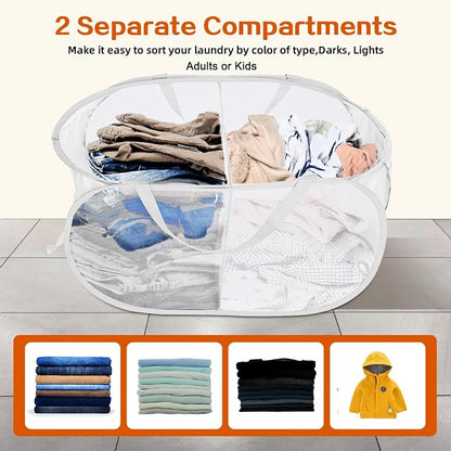 Durable Collapsible Foldable Mesh Pop Up Laundry Basket, 2 Compartments Easy to - Image 3