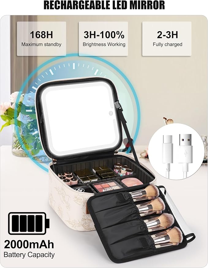 Relavel Travel Makeup Bag with LED Mirror, Lily Flower | Portable Cosmetic - Image 6
