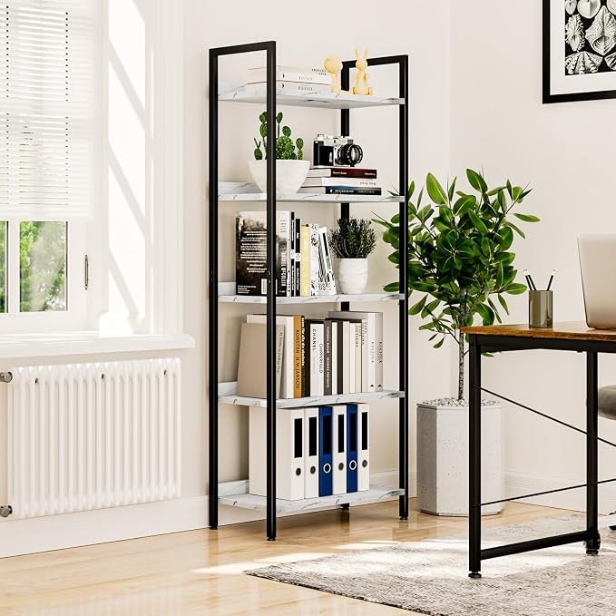NUMENN Bookshelf, 5 Tier Freestanding Shelving Unit, Falling Prevention Baffle - Image 4