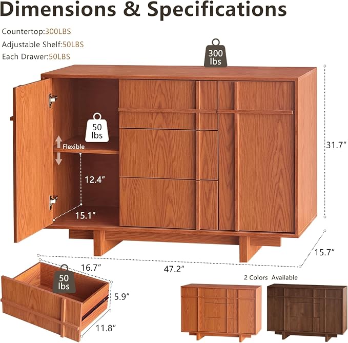 Sideboard Buffet Cabinet with Storage, 47.2" Large Sideboard with 2 Doors & 3 - Image 2