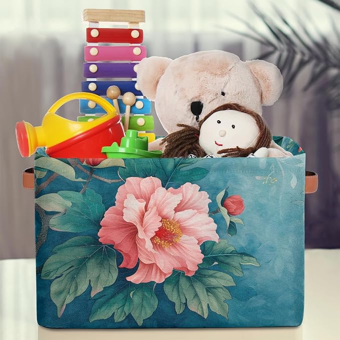 Pardick Basket Storage Bins Flower Floral Teal Rectangle Cube Basket Box Kids - Image 3