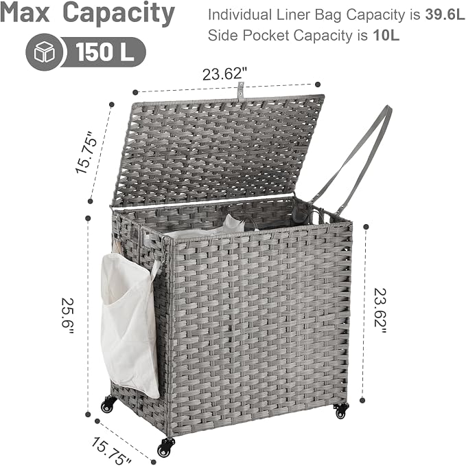 Laundry Hamper with Wheels, 39.6 Gallon Rolling Laundry Basket with Lid - Image 4
