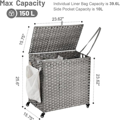 Laundry Hamper with Wheels, 39.6 Gallon Rolling Laundry Basket with Lid - Image 4