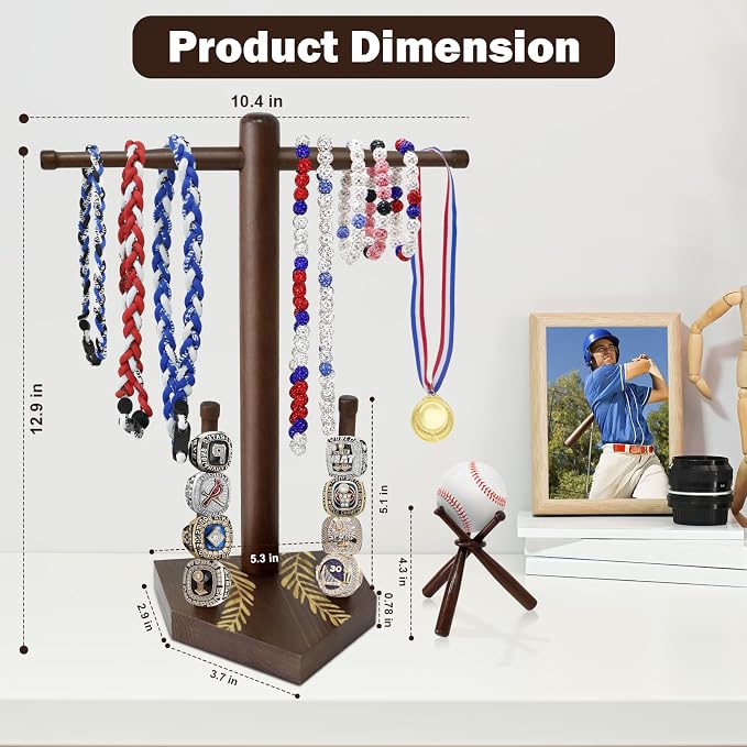 Wooden Baseball Ring & Necklace Holder – Championship Rings Display Stand - Image 5