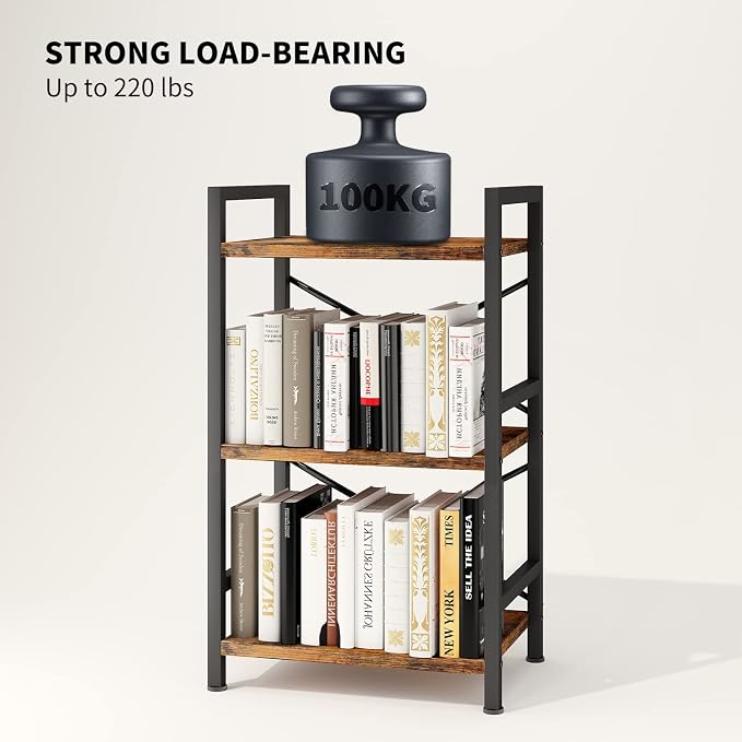 Homeiju Bookshelf, 3 Tier Industrial Bookcase, Metal Small Bookcase, Rustic - Image 7