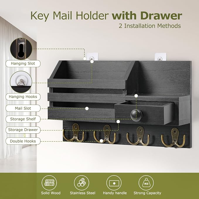Key Holder Wall Mount, Wooden Adhesive Mail and Key Organizer - Image 3