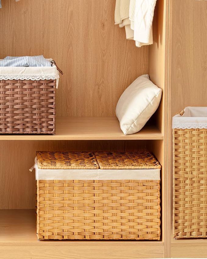SETVSON Storage Basket with Lid, 2-Lid PE Rattan Storage Bin, Natural | 105L - Image 7